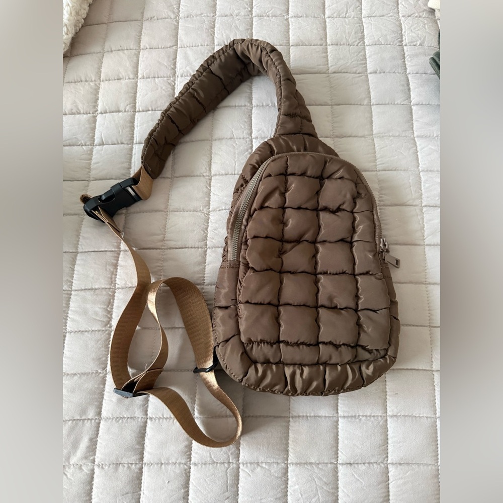 Brown Quilted Women's Sling Puffer Bag